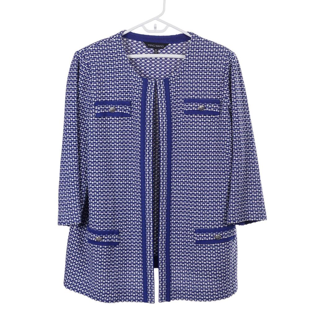 Ming Wang Jacket 1X Blue Honeycomb Tweed 3/4 Sleeve Knit Stretch Cardigan